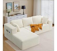 Xbro Divano Angolare a L 3 Posti Componibile, Divano con Chaise Longue Sinistra in Velluto a Coste, con Tasche Laterali e Cuscini, per Soggiorno Appartamento, 250x160x62 cm, Beige