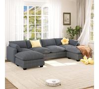 Xbro Divano Modulare a U 4 Posti con 2 Pouf, Divano Cloud in Tessuto a Coste, Seduta Extra Profonda e Morbida, Rivestimento Sfoderabile, Divano Grande per Soggiorno, Grigio Scuro