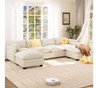 Xbro Divano Modulare a U 4 Posti con 2 Pouf, Divano Cloud in Tessuto a Coste, Seduta Extra Profonda e Morbida, Rivestimento Sfoderabile, Grande Divano per Soggiorno, Beige