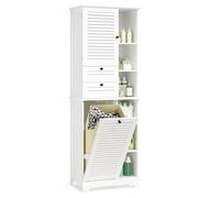 Xbro Mobile Salvaspazio Alto da Bagno con Cesto Portabiancheria, 2 Ante a Lamelle, 2 Cassetti e 8 Ripiani Aperti, Multiuso per Bagno, Cucina e Soggiorno, 60x37x170 cm, Bianco