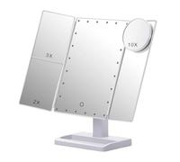 Xbsduih Specchio per Trucco a Tre Ante con 22 Luci a LED, Ingrandimento 10X / 3X / 2X Specchio Cosmetico da Tavolo Pieghevole Portatile Illuminato da Tavolo, Bianca