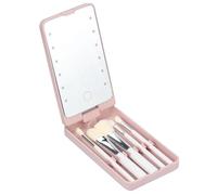 Xbsduih Specchio pieghevole portatile con 5 spazzole, scatola portaoggetti, a LED, portatile, per trucco, colore: rosa