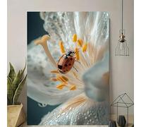 XBTYKPB Poster su tela con coccinella su sfondo bianco floreale - Decorazione murale moderna con fotografia naturalistica vintage, macchie nere e fiori bianchi cremosi (21x30 cm/cornice interna)