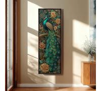 XBTYKPB Quadro con pavone alto e slanciato, tela lunga e verticale con uccello, decorazione floreale scura e stretta, stampa Art Nouveau, dipinto di animale (55x110 cm/senza cornice)