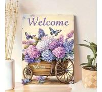 XBTYKPB Quadro su tela con cartello di benvenuto e fiori, affascinante opera d'arte con bouquet di fiori e farfalle, stampe di carretti in legno rustico (40x60 cm/senza cornice)