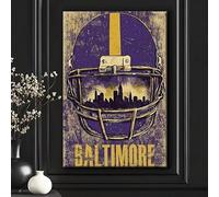 XBTYKPB Quadro su tela con casco da football e skyline della città, per lo sport - Dipinto vintage urbano per sala giochi - Stampa da football viola e oro (50x75 cm/senza cornice)