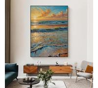 XBTYKPB Quadro su tela con tramonto sull'oceano dorato, grande dipinto di paesaggio costiero, opera d'arte con onde sulla spiaggia per l'arredamento del soggiorno, poster 21x30 cm con cornice