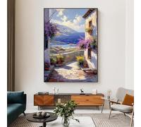 XBTYKPB Sentiero del villaggio costiero mediterraneo - Quadri su tela con paesaggio costiero, opere d'arte sul mare, dipinto di un villaggio costiero 50x70 cm con cornice
