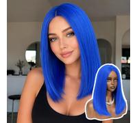 XC CLOUDS Parrucche blu - Parrucche lisce senza colla da 40,6 cm, per donne nere, parrucca frontale in pizzo con riga centrale, parrucca a caschetto di media lunghezza, per Halloween o per tutti i