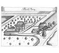 XcBAIHOUD Famoso Poster Stampa Poster Arte Muraria Grabado Vista del castillo de Aichberg Alta Austria por Georg Matthaus Vischer per la Decorazione Domestica dell'ufficio 60x90cm