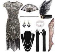 XCMVCN 12 Pezzo 1920 Charleston Dress Years pailletted Beaded Fringe Gatsby, vestito con accessori anni 20, vestito da cocktail, costume di carnevale (nero + oro,XL)