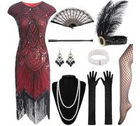 XCMVCN 12 Pezzo 1920 Charleston Dress Years pailletted Beaded Fringe Gatsby, vestito con accessori anni 20, vestito da cocktail, costume di carnevale (Nero+Rosso,S)