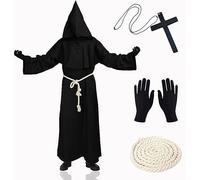XCMVCN Costume da Monaco, Frate Medieval Rinascimentale Mantello con Cappuccio, Costumi da Prete Halloween Maschio, Halloween, Carnevale e Costumi da Gioco di Ruolo(Nero,M