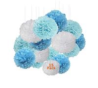 XCOZU 15 Pezzi Pom Pom Carta Velina Decorativi per Festa Nuziale, Compleanno, Vacanza - Blu e Bianco