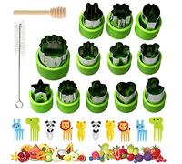 XCOZU Set di 12 Tagliapasta per Verdure per Bambini in Acciaio inox, a Forma di Frutta, Taglierina per Sandwich con 10 Forchette da Frutta a Forma di Animale, Spazzole e Bastoncini di Legno
