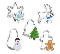 XCOZU Set di 5 Formine per Biscotti Natalizi, 3D Stampi Biscotti in Acciaio Inox, Fiocchi di Neve, Albero di Natale, Renna, Pan di Zenzero, Pupazzo di Neve