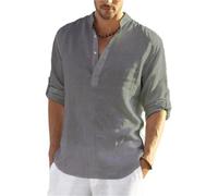 XCTDSVAH Camicia di Lino Uomo Camicetta Casual da Uomo, Camicia in Cotone e Lino, Top Larghi, Maglietta a Maniche Lunghe, Primavera Autunno, Eleganti Camicie(Gray,US M 60-70 kg)