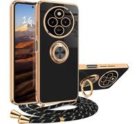 XCYYOO Custodia per cellulare Redmi 14C con cinturino, con catena galvanizzata, antigraffio, da appendere, con cordoncino rimovibile, in silicone, antiurto, con supporto ad anello, nero