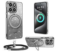 XCYYOO Custodia per Honor 400 Smart con cinturino, con catena per cellulare rimovibile] in silicone trasparente antiurto con anello di supporto con catena per Honor 400 Smart - Nero