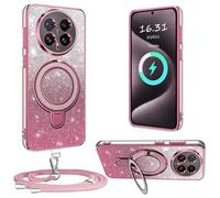 XCYYOO Custodia per Honor Magic 8 con Cinturino, [Con Catena Rimovibile] Custodia Protettiva Trasparente in Silicone Antiurto con Supporto Anello e Catena per Honor Magic 8 - Rosa