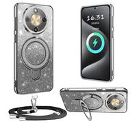 XCYYOO Custodia per Honor Magic 8 Lite, con cinturino, con catena per cellulare rimovibile], in silicone trasparente, resistente agli urti, con catena, per Honor Magic 8 Lite, colore nero