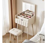 XDAWQP Set da toeletta per il trucco con specchio e luci, sedia da scrivania, ampio cassetto portaoggetti, griglia in vetro trasparente, opzioni in bianco e nero, como,Bianco B_15.7IN
