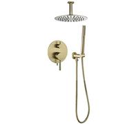 XDAWQP Sistema Doccia, Miscelatore per Doccia A Pioggia da Bagno in Oro Spazzolato con Montaggio A Soffitto, Set con Soffione A Pioggia Rotondo in Acciaio Inossidabile，