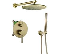 XDAWQP Sistema Doccia, Rubinetteria per Doccia A Pioggia con Miscelatore A Pioggia per Bagno in Ottone Spazzolato A Parete, Set con Soffione A Pioggia Rotondo in Otton，12 inch