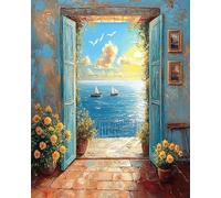 XDEGHUANGSS Kit per ricamo a punto croce, vista sul mare fuori dalla porta, 40,6 x 50,8 cm, kit da ricamo su tela da 11 ct, fai da te, decorazione da parete per la casa