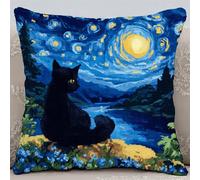 XDEGHUANGSS Set di tappeti con federa, kit fai da te per annodare, per la casa, il tempo libero e idee regalo, 43 x 43 cm, gatto nero nel cielo notturno