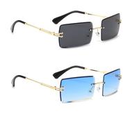 XDGBGFN 2 paia di occhiali da sole retrò rettangolo senza montatura stile 90 occhiali da sole quadrati Rimless Sunglasses per donna uomo, blu e nero