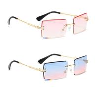 XDGBGFN 2 paia di occhiali da sole retrò rettangolo senza montatura stile 90 occhiali da sole quadrati Rimless Sunglasses per donna uomo, blu e rosa