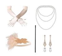 XDGBGFN Set di 5 accessori da donna, anni '20, costume da donna, accessori per costume da donna, accessori per costume per Halloween, con fascia e collana, guanti e puntelli a mano, champagne, Taglia