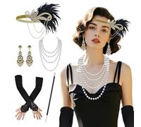 XDGBGFN Set di 5 accessori da donna, anni '20, costume da donna, accessori per costume da donna, accessori per costume di Halloween, con fascia per capelli, collana, guanti e puntelli a mano (oro)