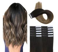 XDhair Extension adesive per capelli naturali, 20 pezzi/50 g, colore nero, ombra marrone scuro con marrone caramello, estensione naturale per capelli aderenti ombreggiati in capelli estensioni umani