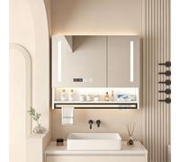 XDOPIRRS Armadietto a Specchio a Parete con LED, Armadietto a Specchio in Legno per Il Bagno | Dotato di funzione antiappannamento, illuminazione a LED, visualizzazione dell'ora(White,70cm/27.5in)