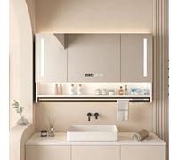 XDOPIRRS Armadietto a Specchio a Parete con LED, Armadietto a Specchio in Legno per Il Bagno | Dotato di funzione antiappannamento, illuminazione a LED, visualizzazione dell'ora(White,110cm/43.3in)