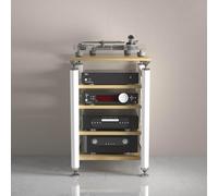 XDOPIRRS Supporti per supporti AV, rack audio, supporti stereo con piedini ammortizzanti, torri portaoggetti per DVD, adatti per lettori CD e DVD, console di gioco e decoder TV.(White+wood,5floor)
