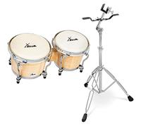 XDrum Bongos Pro Natur - 2 Tamburi con diametro 6,5" (17 cm) e 7,5" (20 cm) - Bonghi con pelli naturali accordabili, chiave di accordatura e supporto - Tamburi in legno color naturale