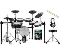XDrum DD-650 PLUS Mesh E-Drum Kit - batteria elettronica con vera HiHat - pad rullante 14" e pad cassa 14" in legno - 720 suoni - incl. rack, sgabello, cuffie, bacchette e scuola - Black Sparkle