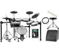 XDrum DD-650 PLUS Mesh E-Drum Kit - batteria elettronica con vera HiHat - pad rullante 14" e pad cassa 14" in legno - 720 suoni - incl. rack, sgabello, monitor, bacchette e scuola - Black Sparkle