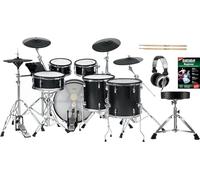 XDrum DD-670 PLUS Mesh E-Drum Kit - batteria elettronica con vera HiHat e casse in legno - Pad Kick 20" - 720 suoni - incl. hardware - sgabello, cuffie, bacchette & scuola - Black Sparkle