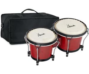 XDrum PERC Bongos Club Rosso Vino - 2 Tamburi da 6" e 7" - Bonghi con pelli naturali accordabili e chiave di accordatura - Tamburi in legno rosso vino - Set in orsa imbottita in nylon