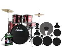 XDrum Rookie Set Batteria Rosso: 20" BD, 10",12",14" TT, 14" SD, Hi-Hat 14" + Crash-Ride 16", scuola e set smorzatori inclusi, ideale per esercizio.