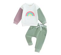 Xeadoffubio Bambino Neonato Ragazza Autunno Arcobaleno Stampato Due Pezzi Set Felpa Arcobaleno Ricamata Set Sportivo Manica Lunga Felpa Arcobaleno+pantaloni Elasticizzati (Verde-B, 12-18 Months)
