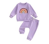 Xeadoffubio Bambino Neonato Ragazza Autunno Arcobaleno Stampato Due Pezzi Set Felpa Arcobaleno Ricamata Set Sportivo Manica Lunga Felpa Arcobaleno+pantaloni Elasticizzati (Viola, 2-3 Years)