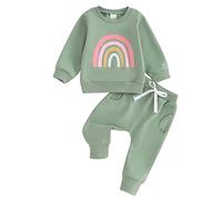 Xeadoffubio Bambino Neonato Ragazza Autunno Arcobaleno Stampato Due Pezzi Set Felpa Arcobaleno Ricamata Set Sportivo Manica Lunga Felpa Arcobaleno+pantaloni Elasticizzati (Verde, 2-3 Years)
