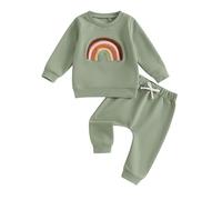 Xeadoffubio Bambino Neonato Ragazza Autunno Arcobaleno Stampato Due Pezzi Set Felpa Arcobaleno Ricamata Set Sportivo Manica Lunga Felpa Arcobaleno+pantaloni Elasticizzati (Verde-A, 18-24 Months)