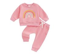 Xeadoffubio Bambino Neonato Ragazza Autunno Arcobaleno Stampato Due Pezzi Set Felpa Arcobaleno Ricamata Set Sportivo Manica Lunga Felpa Arcobaleno+pantaloni Elasticizzati (Rosa-E, 2-3 Years)