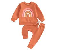 Xeadoffubio Bambino Neonato Ragazza Autunno Arcobaleno Stampato Due Pezzi Set Felpa Arcobaleno Ricamata Set Sportivo Manica Lunga Felpa Arcobaleno+pantaloni Elasticizzati (Arancione, 18-24 Months)